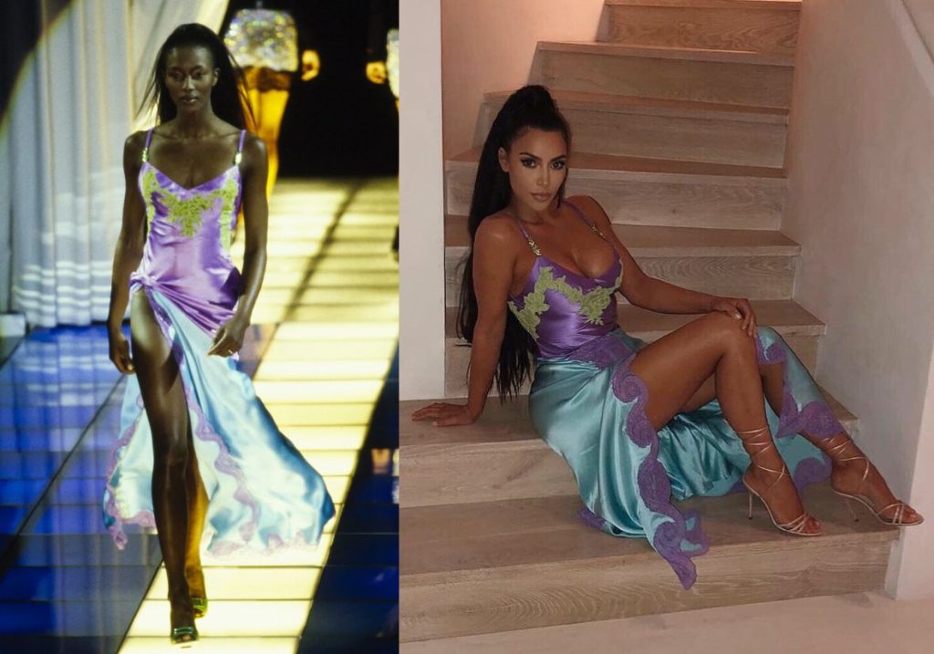 Naomi Campbell llevando un slip dress en la pasarela de Versace 96 y Kim Kardashian reviviéndolo muchos años después.